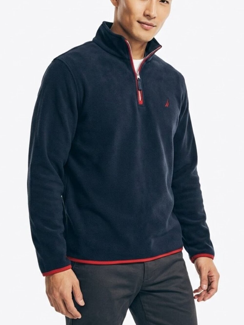 Nautica Preppy Quarter Zip Fleece Navy Blue Red Trim Pullover Medium